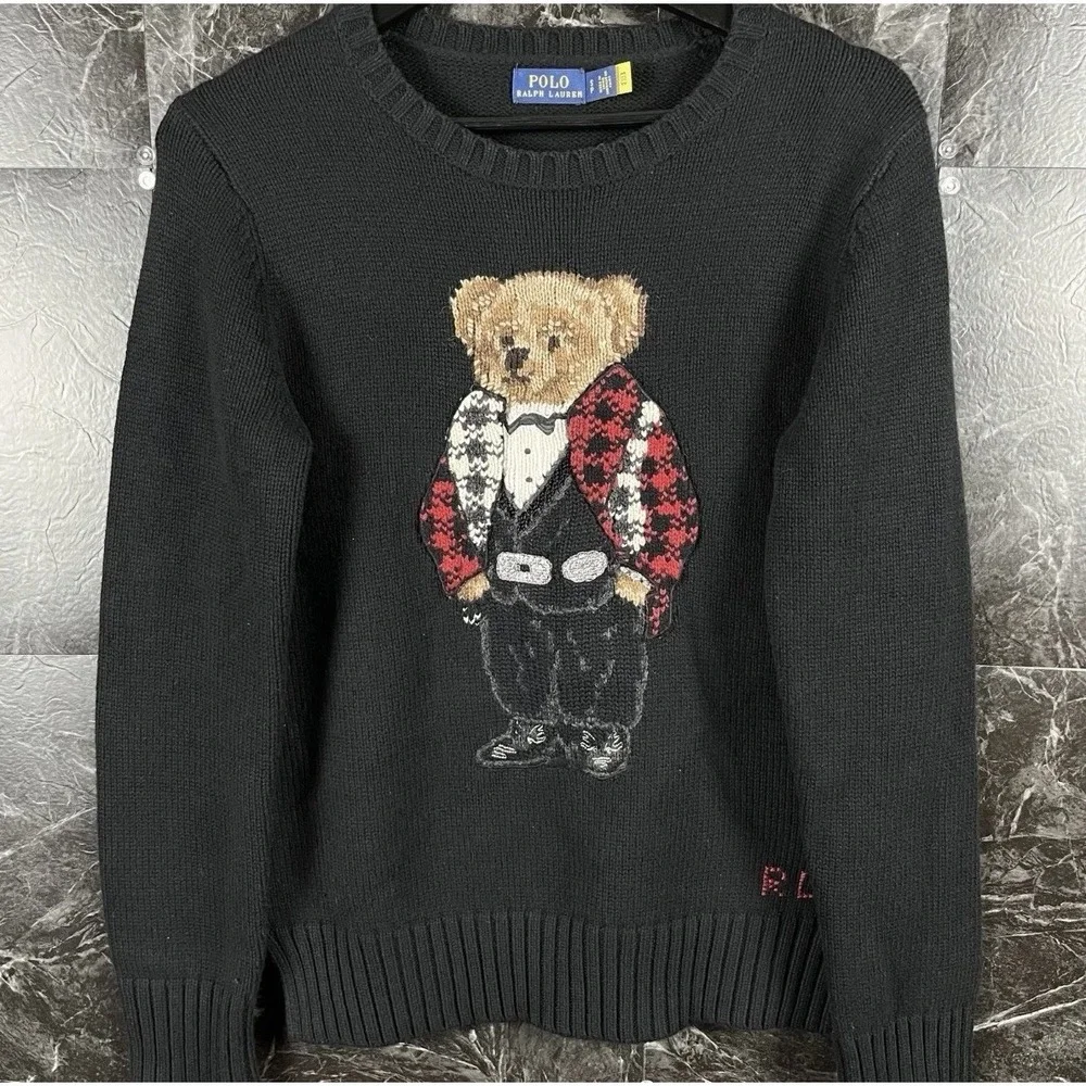 Polo Ralph Lauren Men's Black Tuxedo Polo Bear Knit Sweater Small
